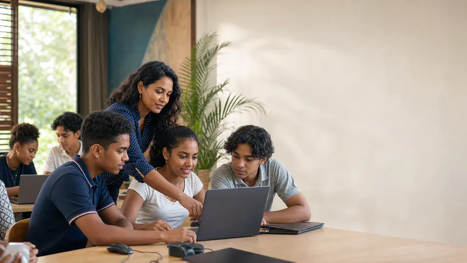 Leerlingen en een docent werken samen in een digitale les