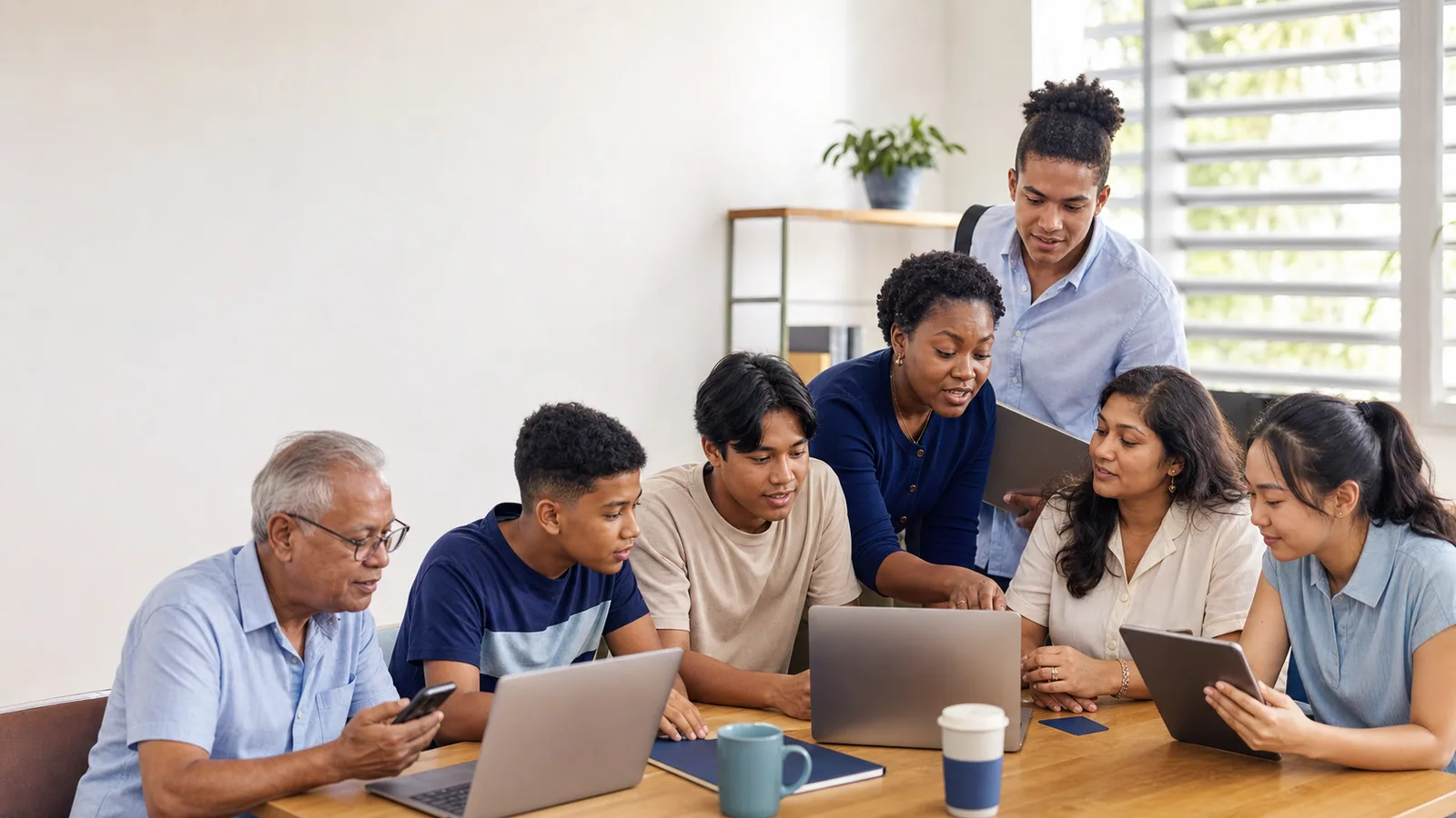 Deelnemers van verschillende leeftijden werken samen met laptops, een tablet en een telefoon