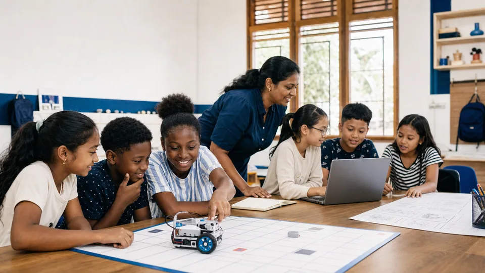 Basisschoolleerlingen lossen samen een programmeeropdracht met een robot op