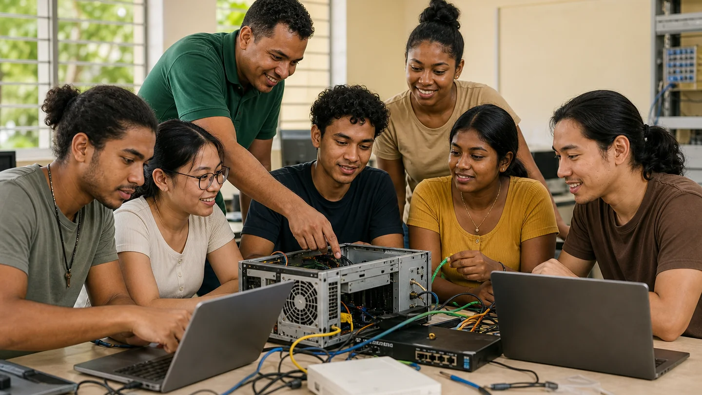 Surinaamse leerlingen werken samen in een informaticaproject